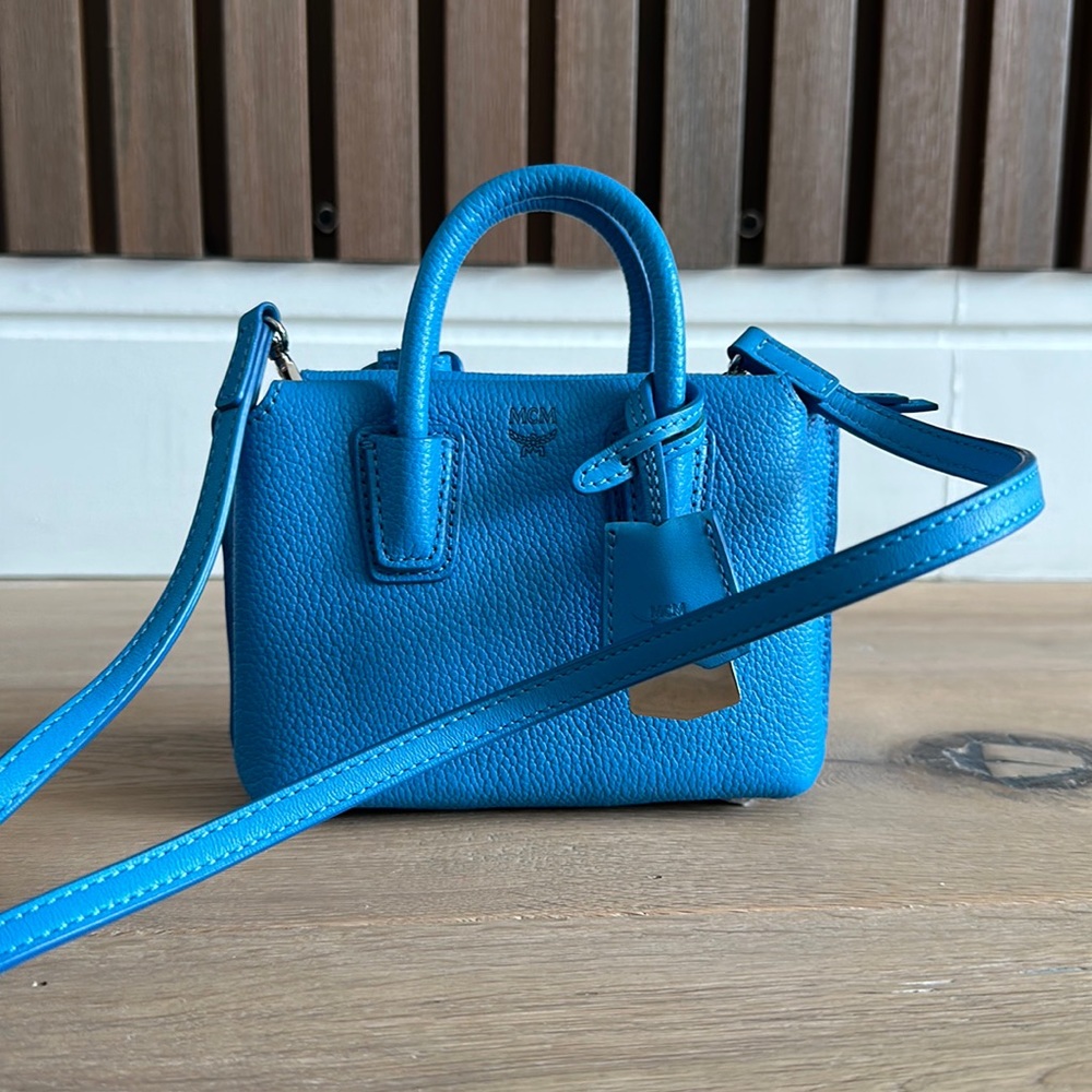 MCM Mini Blue Leather Bag with Crossbody Strap